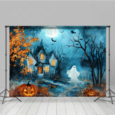 Lofaris Haunted House with Cute Ghost Combo Set Backdrop Spooky Pumpkin Patch Floor Kids Halloween Party Photos
